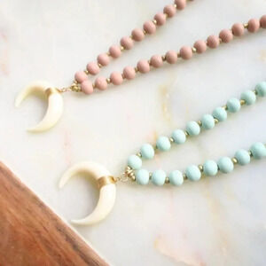Boho Festival Crescent Beaded Necklace in Blush Pink New